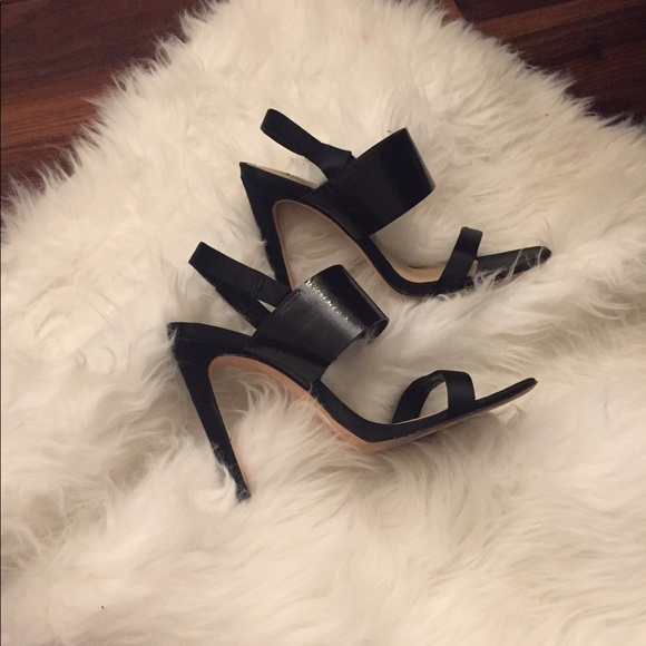 BCBGMaxAzria Shoes - BCBG satin and patent stiletto strappy sandals
